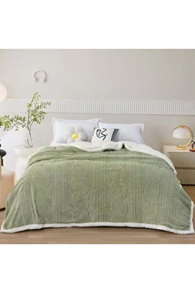 Pucioasa Pătură Cocolino cu blană Sherpa, model tricotat în relief, Verde des...