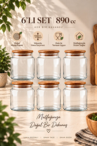 Woodcept. Sora Set of 6 Wooden Vacuum Lid Glass Grain Storage Jars Natural 89...