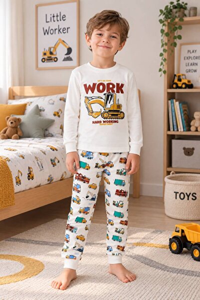 Erkek Çocuk %100 Pamuklu Beyaz İş Makineleri Kepçe Desenli Uzun Kollu Kışlık Pijama Takımı