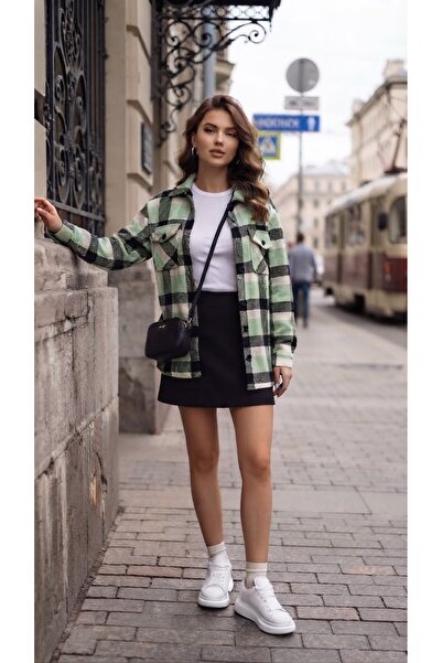 Polologin Butik Cămașă de damă verde mentă, neagră, în carouri, tip lumberjac...