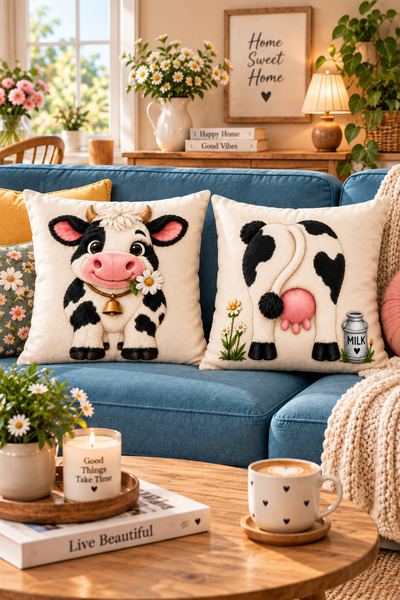 ayshome textile Dijital Baskı Esprili İnek Desen 2'Li Kırlent Kılıfı Seti (hediyelik ev bahçe)