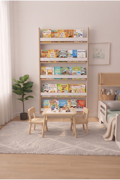 terra ws Montessori Ahşap Çocuk Kitaplığı | Duvara Monte 5 Raflı Doğal Bebek ...