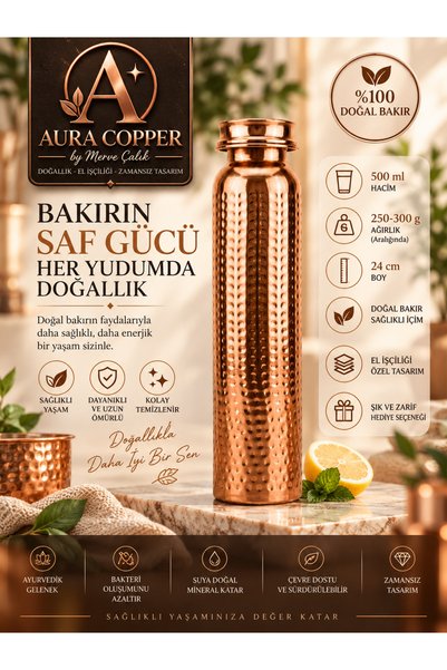 AURA COPPER Copper Flask 500-600 ml – Handmade Water Bottle with Patterned Le...