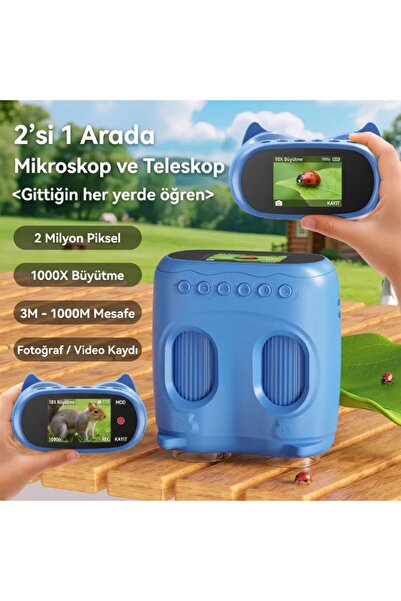 idragon 387 Mavi 2'si 1 Arada Dijital Çocuk Mikroskobu & Dürbün - 1000X Büyüt...