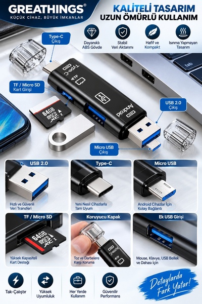 Greathings 5 in 1 USB 2.0 Micro SD Kart Okuyucu Type-C Micro USB OTG Çevirici...