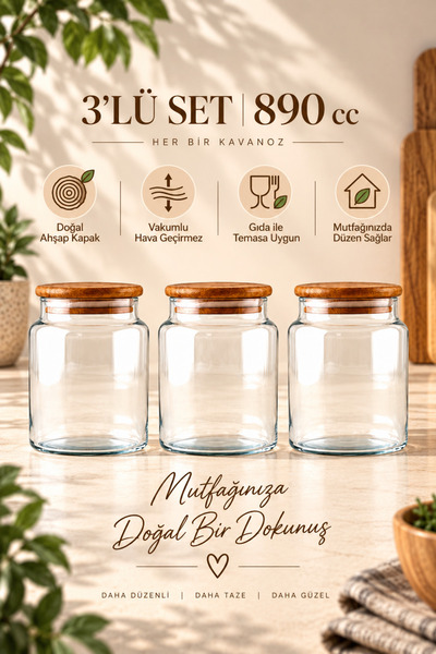 Woodcept. Sora Set of 3 Wooden Vacuum Lid Glass Legume Storage Jars Natural 8...