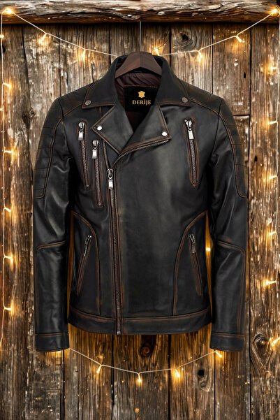 DERİJE Lucas Hakiki Deri Motorcu Tarzı Vintage Erkek Biker Mont