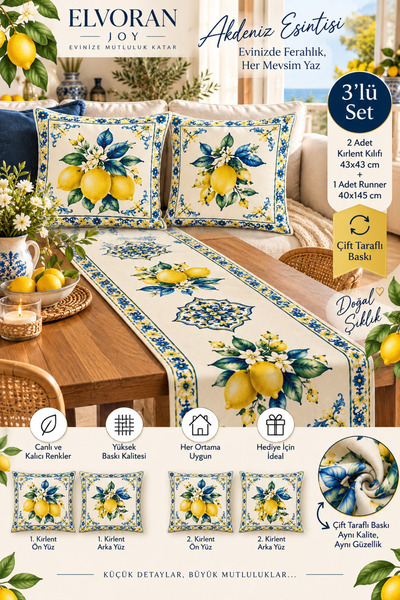 Limon Desenli 3’lü Dekoratif Set – 2 Adet 43x43 cm Kırlent Kılıfı + 40x145 cm Runner – Çift Taraflı Baskı