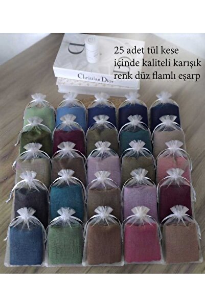 Alse Butik 25 Adet Karışık Renkli Tül Keseli Pamuklu Flamlı Eşarp Yazma Cemiy...