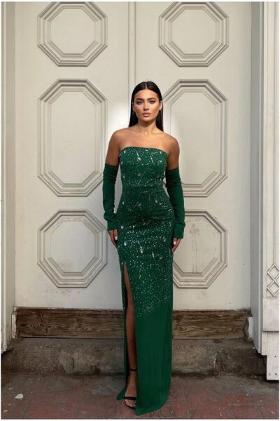 Şeker Portakalım Strapless Slit Detailed Evening Dress Stone Dress