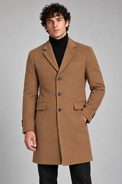Maison Rae Erkek Vizon, Slim Fit Kaşe Kaban – Klasik Yaka 3 Düğmeli Uzun Kesi...