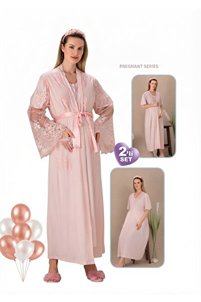 Yare Maternity 2-Piece Lace Detailed Dress - Dressing Gown Set