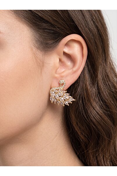 Lüks Zirkon Taşlı Gold Kuğu Model Kadın Küpe