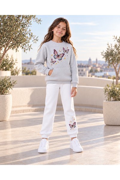 MASİON VESSAİRE Girl's Butterfly Print Sweatshirt & Sweatpants 2-Piece Set