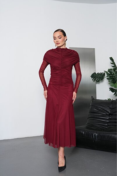 maf collection Rochie de seară pentru femei, bordeaux, cu decolteu drapat, cu...