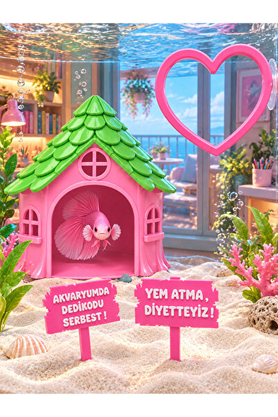 PRIUM Akvaryum için 4'lü Set ≎ Balık Yuvası - 2 Tane Yazı Dekoru - Kalp Oyun ...