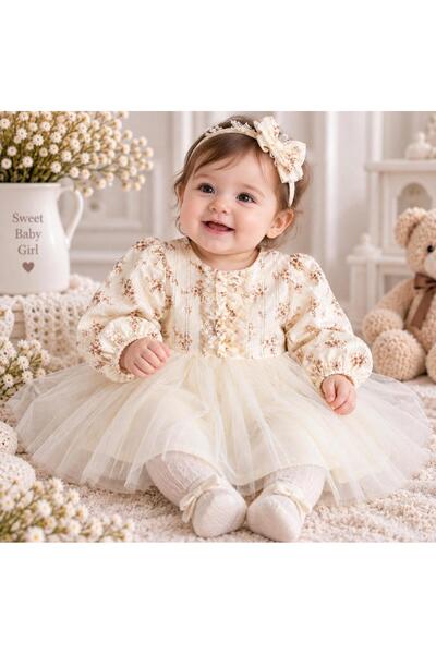 Elyesa Baby Abiye Kız Bebek Tül Elbise çiçek aplikeli - Astar %100 pamuk -Kap...