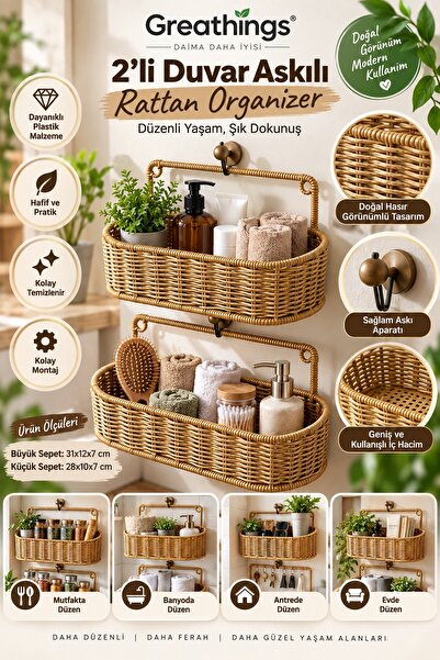 Greathings 2’li Duvar Askılı Plastik Rattan Organizer Sepet 28-31 cm Mutfak B...