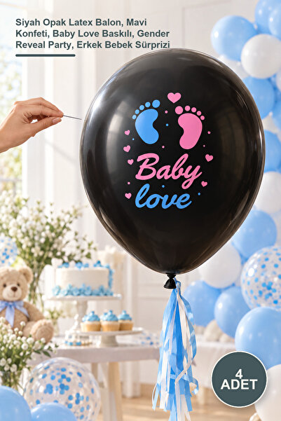 4 Adet Konfetili Cinsiyet Balonu – Siyah Opak Latex Balon, Mavi Konfeti, Baby Love Baskılı, Gender Reveal Party, Erkek Bebek Sürprizi