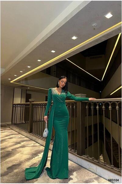 Şeker Portakalım Double-Breasted Detailed Evening Dress with Stone Collar and...