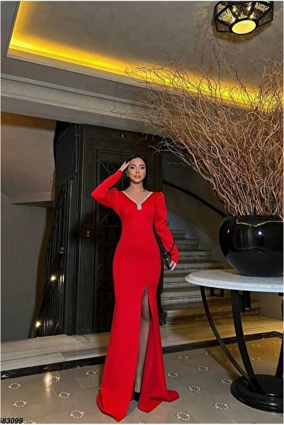 Şeker Portakalım V Detailed Evening Dress Stone Dress Collar Long Sleeves