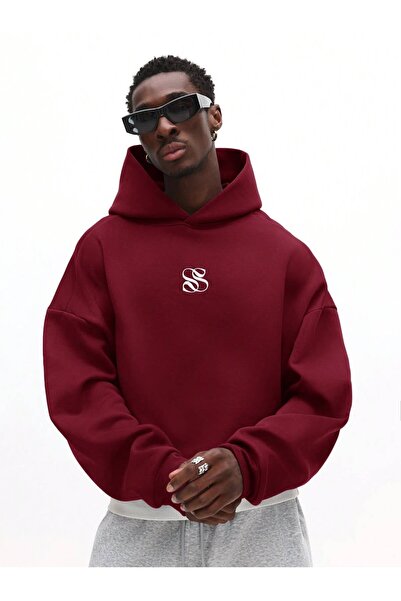 JANTIL MODA Burgundy Unisex Oversize 3 Thread Yarn Hooded Sweatshirt with Kan...