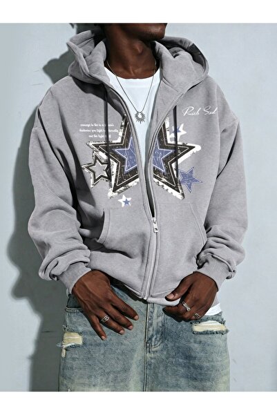 Mythologie 3 Thread Gray Sky Star Zippered Winter Cardigan - Printed Oversize...