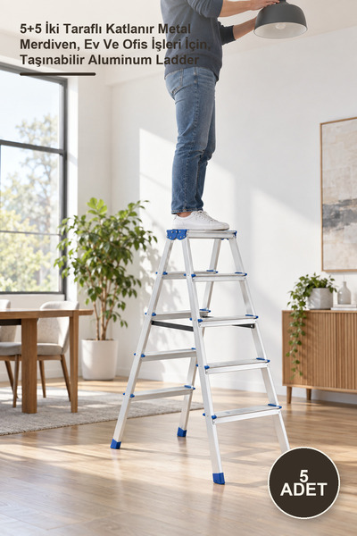 5 Adet Çift Basamaklı Alüminyum Merdiven – 5+5 İki Taraflı Katlanır Metal Merdiven, Ev Ve Ofis İşleri İçin, Taşınabilir Aluminum Ladder