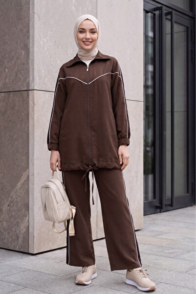 Modamorfo Striped Skirt, Lace-Up Trousers, Pocketed Zipper Suit - Brown