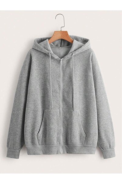 Mythologie 3 Thread Gray Basic Plain Zippered Winter Cardigan - Oversize Embo...