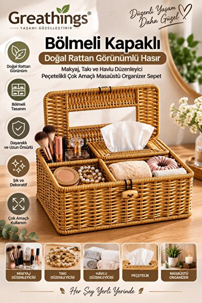 Greathings 24x10x10 cm Kapaklı Hasır Organizer Sepet – Bölmeli Peçetelik, Mak...