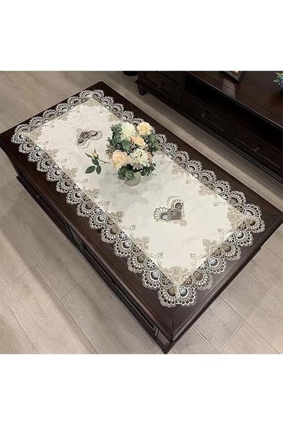 YRQX Beige Embroidered Coffee Table Cover Rectangular Dust Cover, Lace Tablec...