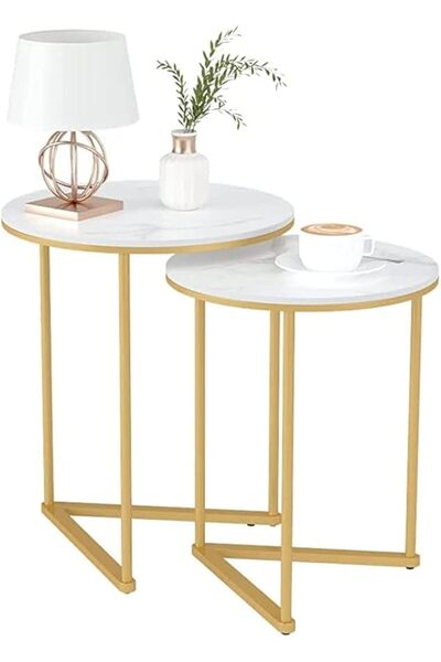 WISFOR Set of 2 Sofa Side Tables: Round White Circle Nesting Accent End Table...