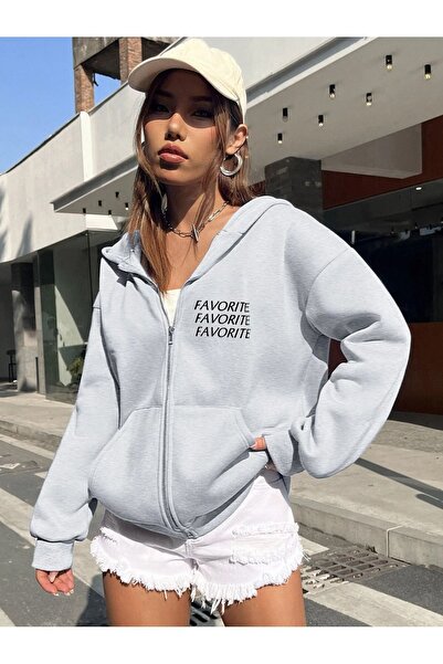 Mythologie 3 Thread Gray Favorite Text Zippered Winter Cardigan - Printed Ove...