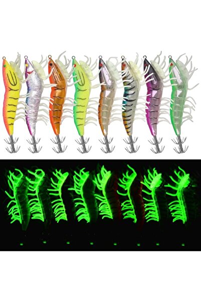 Shaddock Fishing خطافات صيد مضيئة على شكل روبيان وحبار، 8 قطع/كيس، طُعم بلاست...