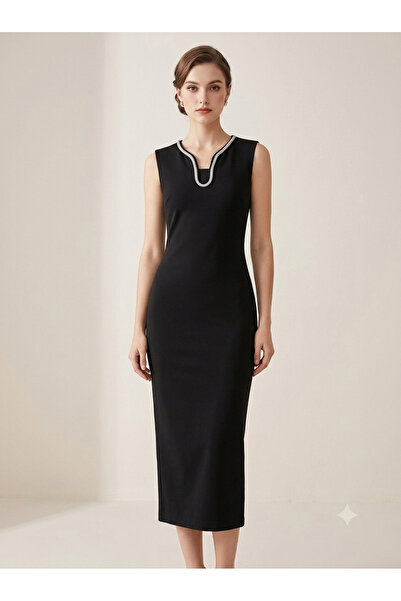 Ekol Classic Black Midi Dress with Luxurious Embroidered Collar