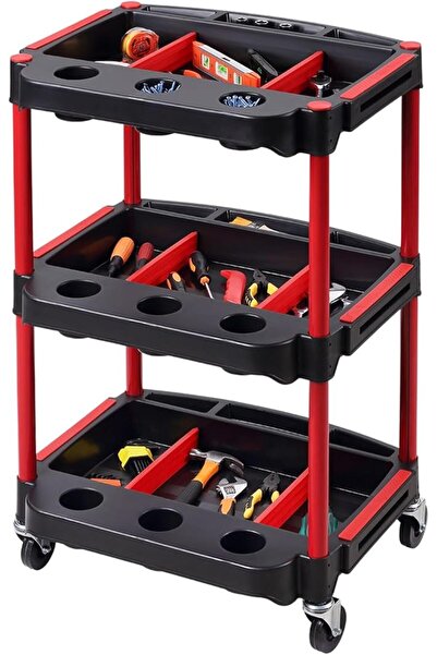 Lawazim Pro7 Tool Cart with Aluminum Pipes 3-Tier Red & Black Mobile Tool Org...