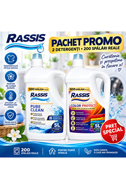 RASSIS Pachet Promo 2x5L Detergent Lichid, Pure Clean + Color Protect, 200 Sp...