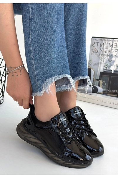 Generic Brand Piona Black Patent Leather Gray Sole Sneakers