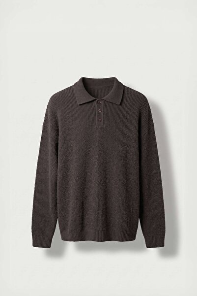 ablukaonline Erkek Oversize Polo Yaka Düğmeli Fitilli Triko Kazak Kahverengi