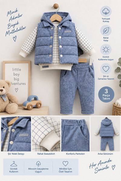 Bilge Trend ERKEK BEBEK KAPÜŞONLU SWEAT , ŞİŞME YELEK , PANTOLON 3 PARÇA PREMİUM SERİ KIŞLIK TAKIM