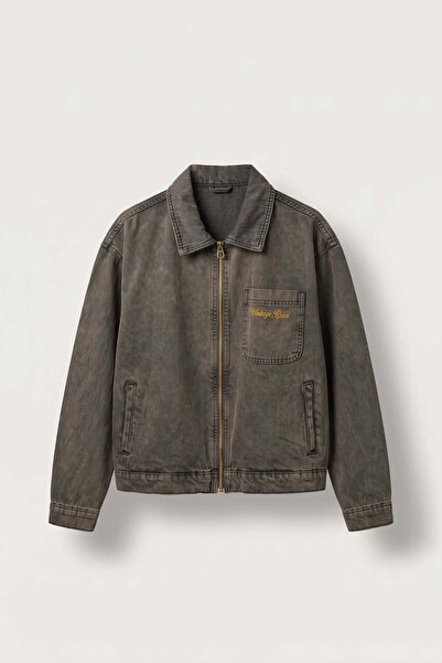 ablukaonline Erkek Boxy Fit Vintage Yıkamalı Nakışlı Denim Ceket Kahverengi
