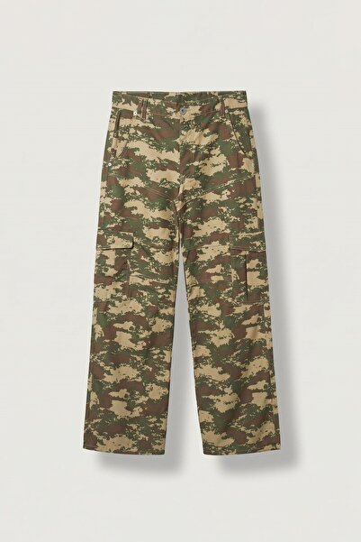 ablukaonline Erkek Süper Baggy Kamuflaj Desenli Kargo Pantolon Haki