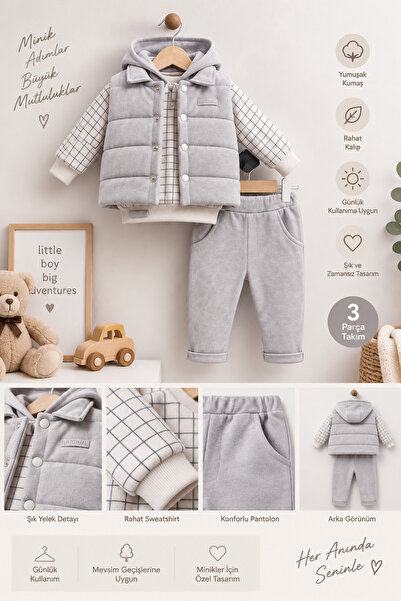 Bilge Trend ERKEK BEBEK KAPÜŞONLU SWEAT , ŞİŞME YELEK , PANTOLON 3 PARÇA PREMİUM SERİ KIŞLIK TAKIM