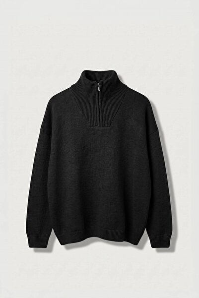 ablukaonline Men's Half Zipper Stand Collar Cotton Knit Sweater Black