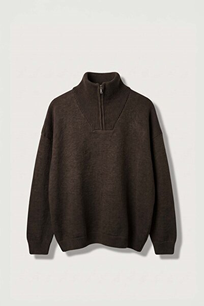 ablukaonline Men's Half Zipper Stand Collar Cotton Knit Sweater Brown