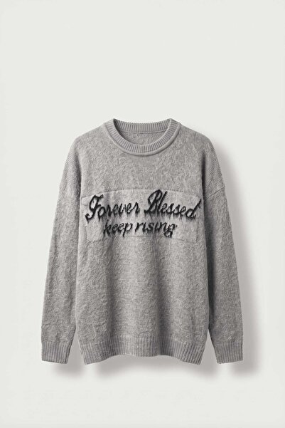 ablukaonline Men's Oversize Soft Textured Lettered Knitwear Sweater Gray