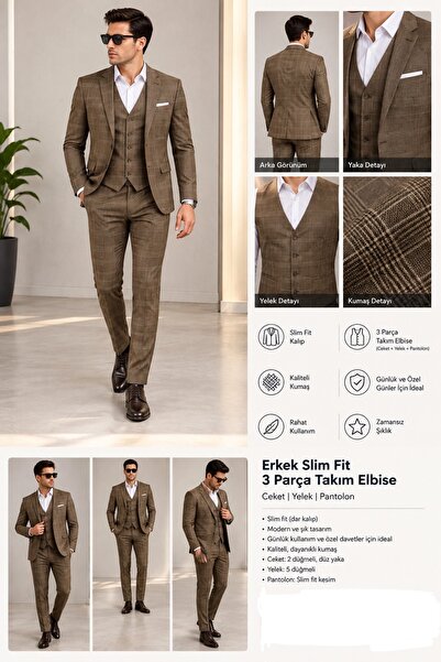 SABRİ ZENGİN Erkek Kahverengi Ekose Desenli Slim Fit Dar Kalıp 3 Parça Takım ...