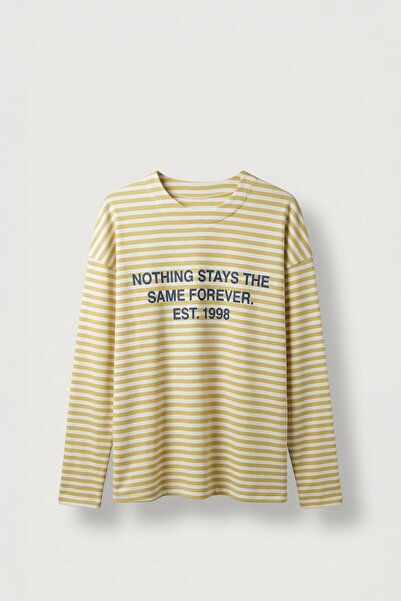ablukaonline Men's Oversize Crew Neck Striped Sweatshirt Ecru-Yellow