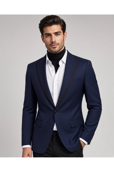 SABRİ ZENGİN Men's Navy Blue Special Design Slim Fit Blazer Single Jacket